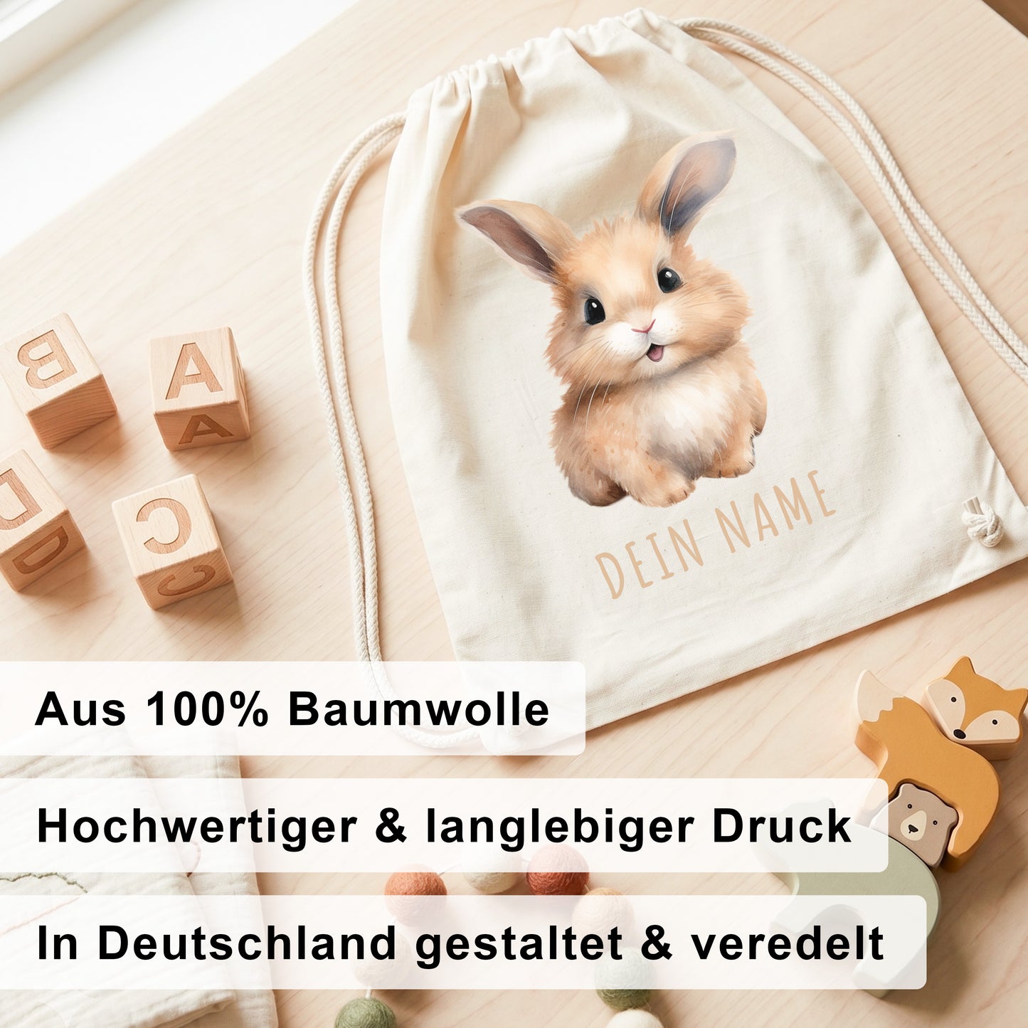 Hase Turnbeutel Kinder personalisierter Sportbeutel für den Kindergarten Stoffbeutel mit Kordelzug