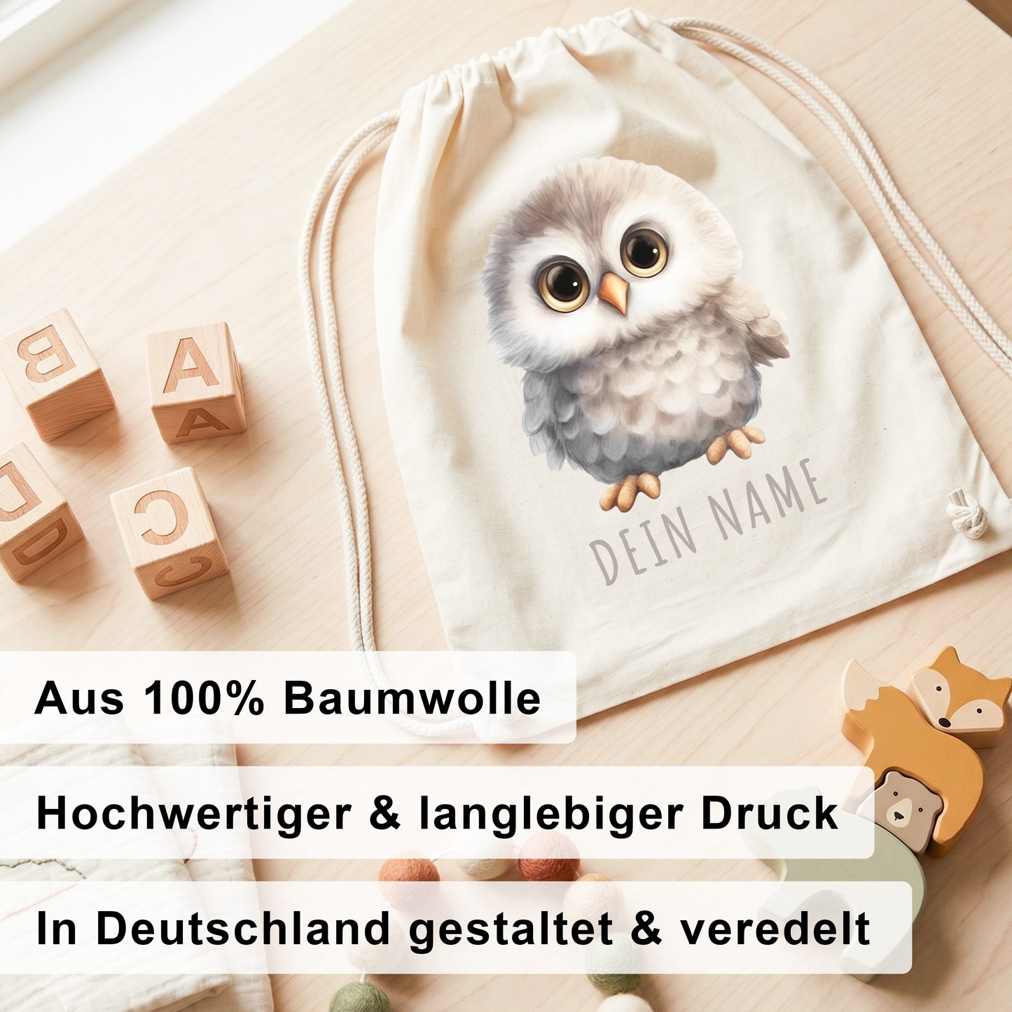 Eule Turnbeutel Kinder personalisierter Sportbeutel für den Kindergarten Stoffbeutel mit Kordelzug