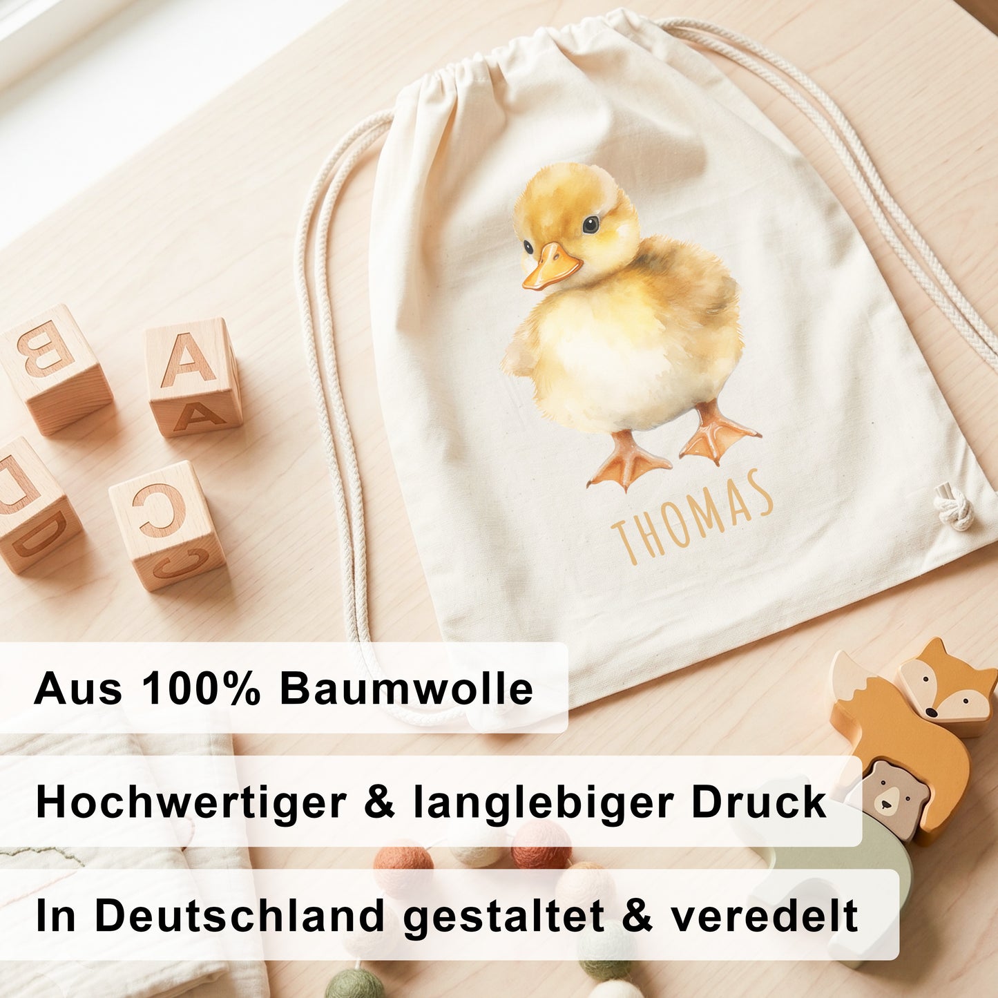 Ente Turnbeutel Kinder personalisierter Sportbeutel für den Kindergarten Stoffbeutel mit Kordelzug