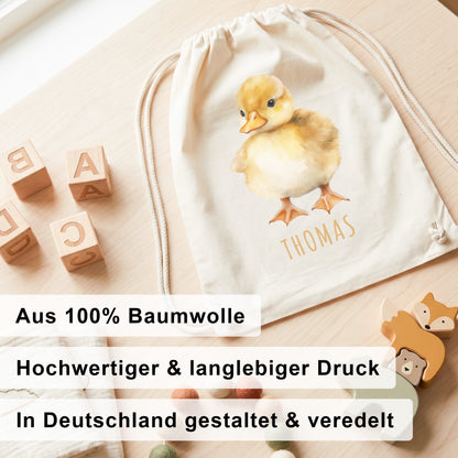 Ente Turnbeutel Kinder personalisierter Sportbeutel für den Kindergarten Stoffbeutel mit Kordelzug