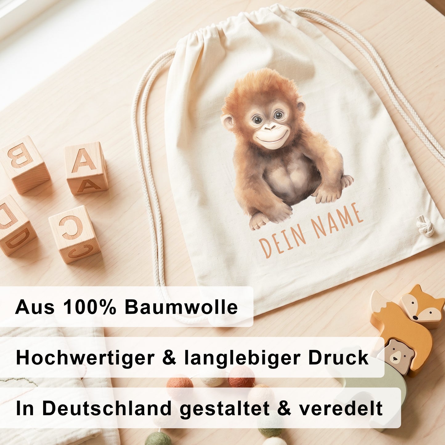Affe Turnbeutel Kinder personalisierter Sportbeutel für den Kindergarten Stoffbeutel mit Kordelzug