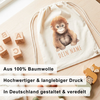 Affe Turnbeutel Kinder personalisierter Sportbeutel für den Kindergarten Stoffbeutel mit Kordelzug