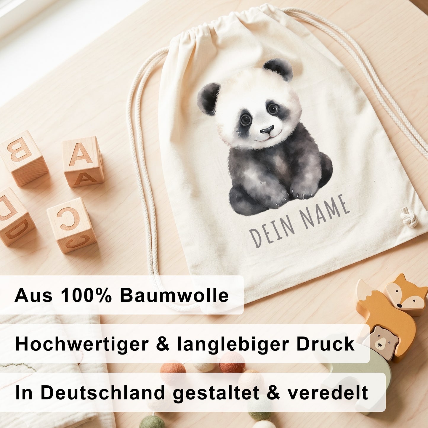 Panda Turnbeutel Kinder personalisierter Sportbeutel für den Kindergarten Stoffbeutel mit Kordelzug