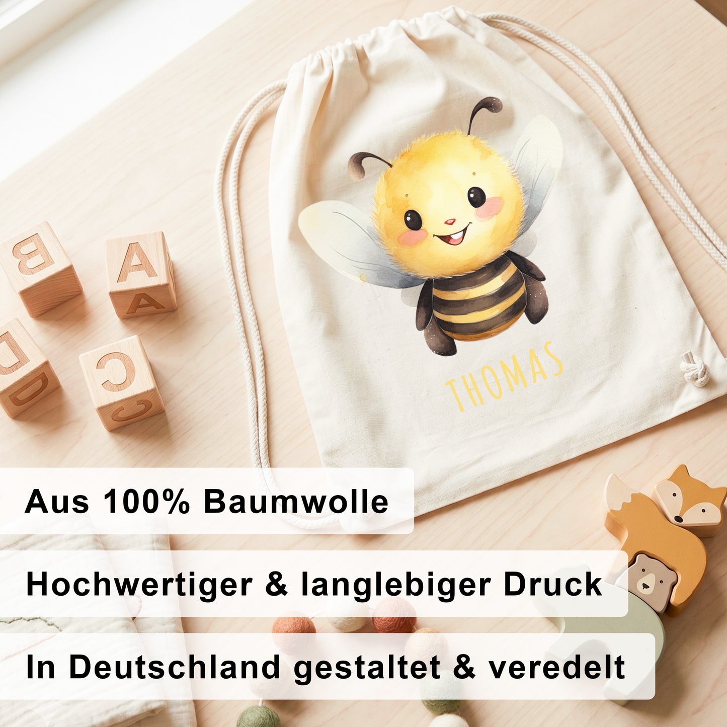 Biene Turnbeutel Kinder personalisierter Sportbeutel für den Kindergarten Stoffbeutel mit Kordelzug