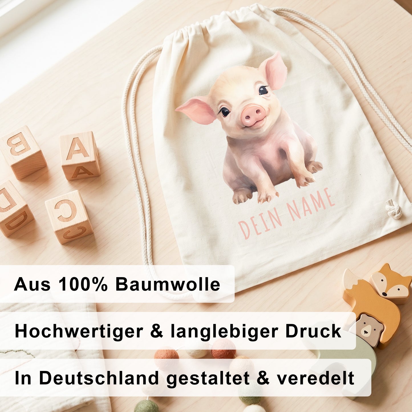 Schwein Turnbeutel Kinder personalisierter Sportbeutel für den Kindergarten Stoffbeutel mit Kordelzug