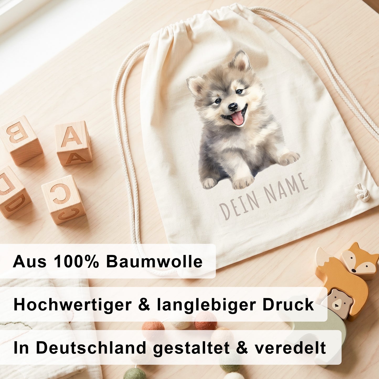 Wolf Turnbeutel Kinder personalisierter Sportbeutel für den Kindergarten Stoffbeutel mit Kordelzug