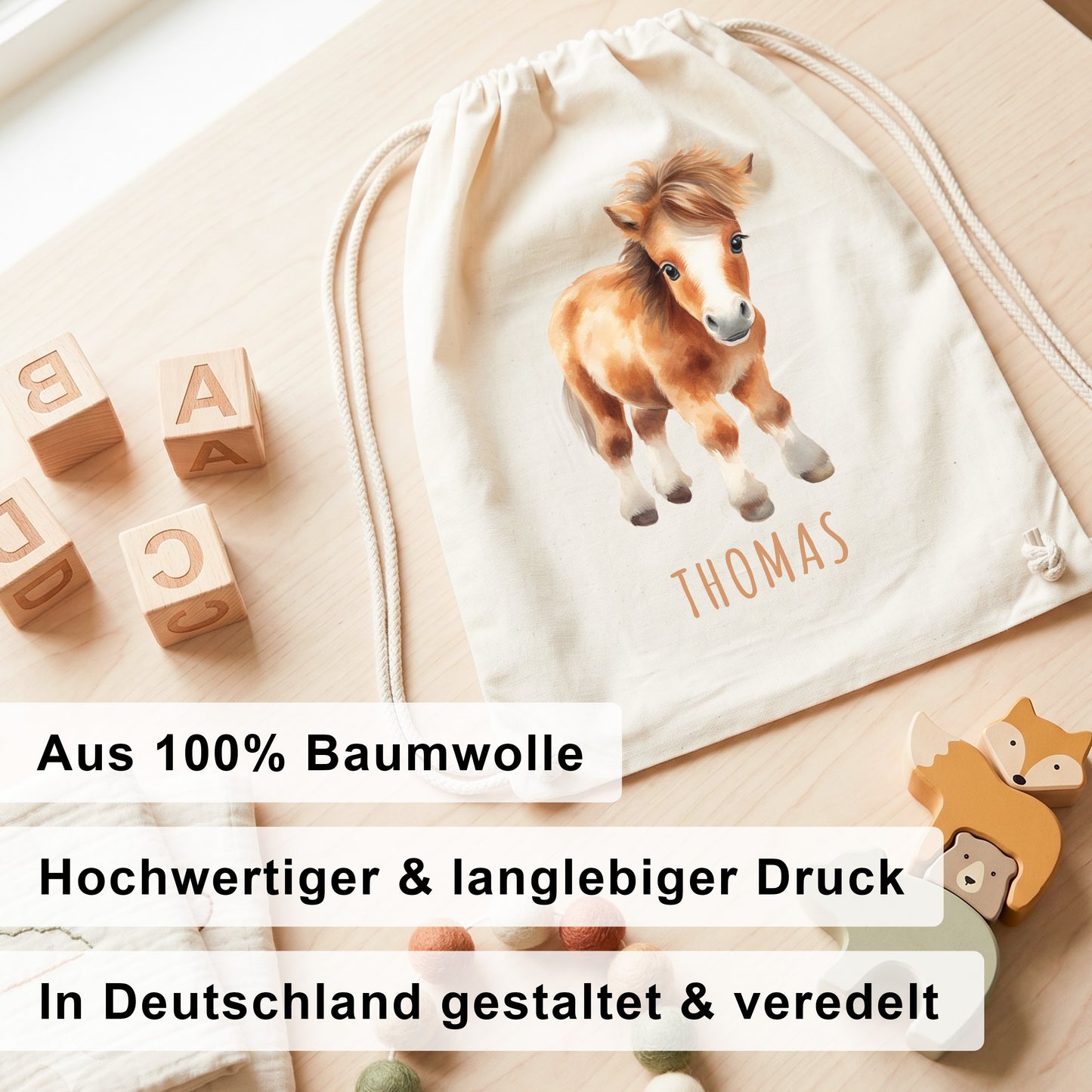 Pferd Turnbeutel Kinder personalisierter Sportbeutel für den Kindergarten Stoffbeutel mit Kordelzug