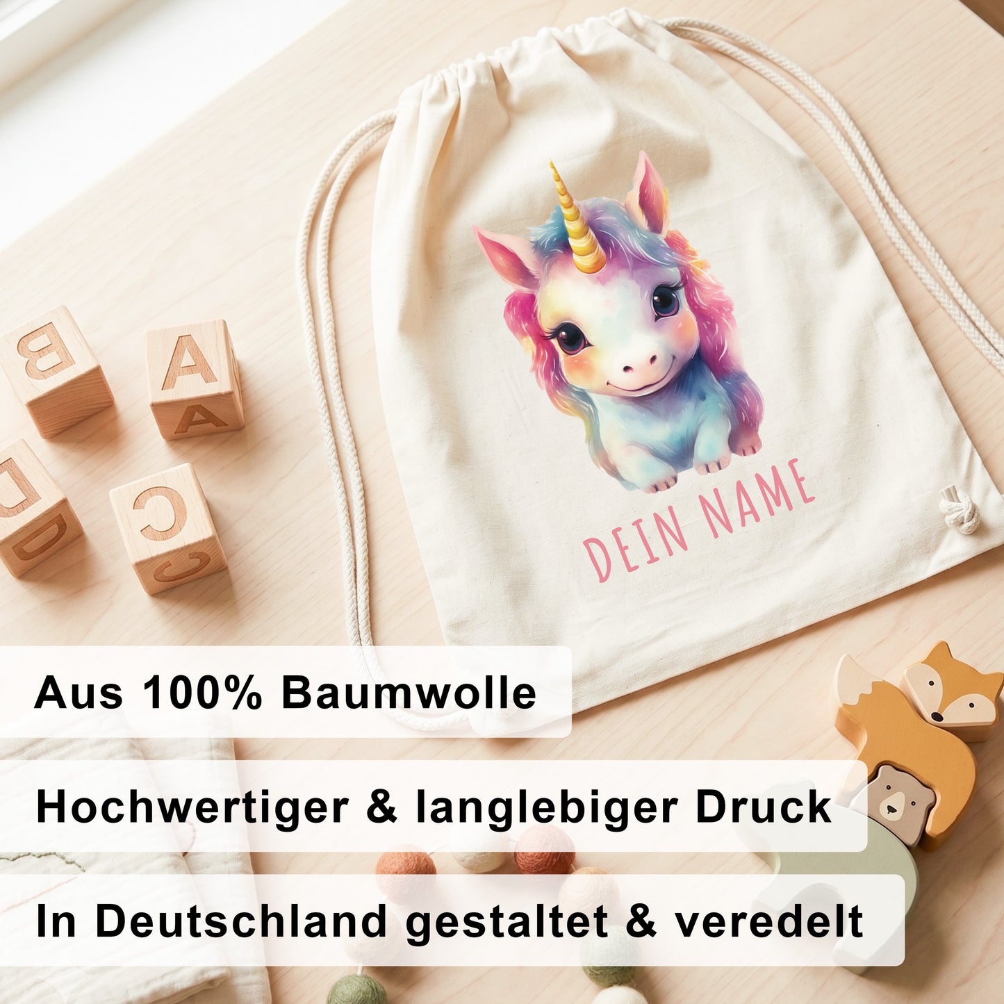 Einhorn Turnbeutel Kinder personalisierter Sportbeutel für den Kindergarten Stoffbeutel mit Kordelzug
