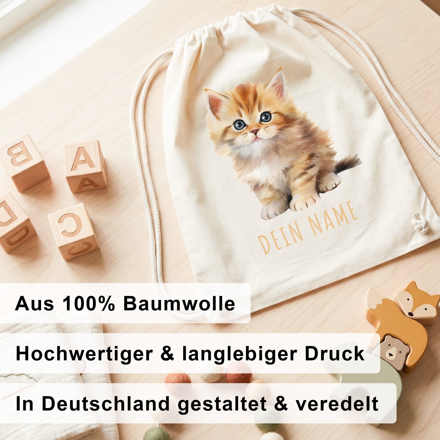 Katze Turnbeutel Kinder personalisierter Sportbeutel für den Kindergarten Stoffbeutel mit Kordelzug