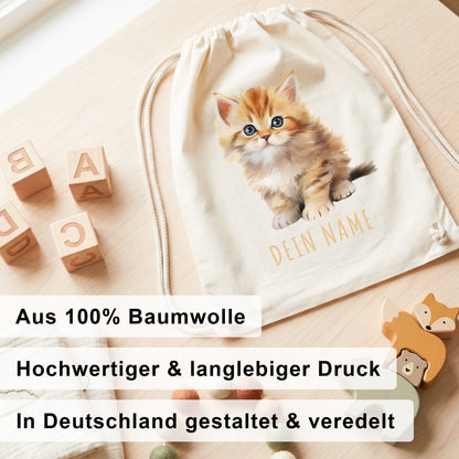 Katze Turnbeutel Kinder personalisierter Sportbeutel für den Kindergarten Stoffbeutel mit Kordelzug