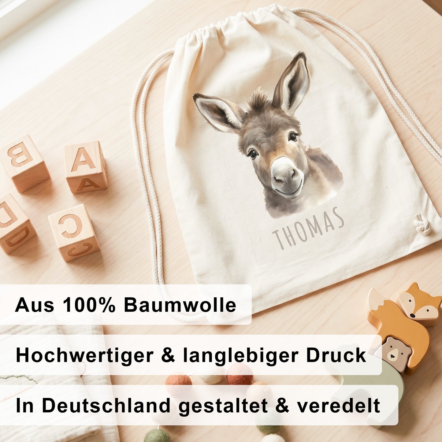 Esel Turnbeutel Kinder personalisierter Sportbeutel für den Kindergarten Stoffbeutel mit Kordelzug
