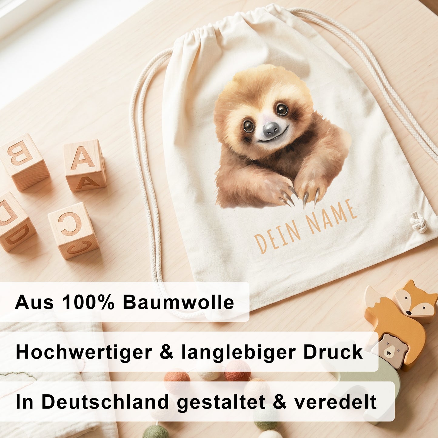 Faultier Turnbeutel Kinder personalisierter Sportbeutel für den Kindergarten Stoffbeutel mit Kordelzug
