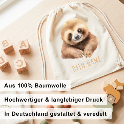 Faultier Turnbeutel Kinder personalisierter Sportbeutel für den Kindergarten Stoffbeutel mit Kordelzug