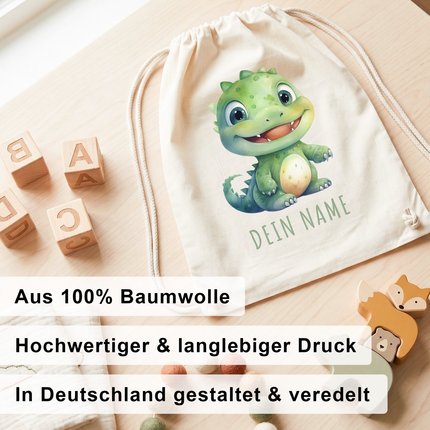 Dino Turnbeutel Kinder personalisierter Sportbeutel für den Kindergarten Stoffbeutel mit Kordelzug