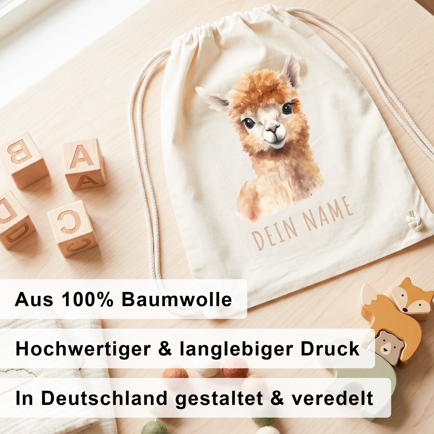 Lama Turnbeutel Kinder personalisierter Sportbeutel für den Kindergarten Stoffbeutel mit Kordelzug