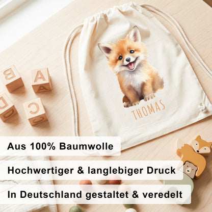 Fuchs Turnbeutel Kinder personalisierter Sportbeutel für den Kindergarten Stoffbeutel mit Kordelzug