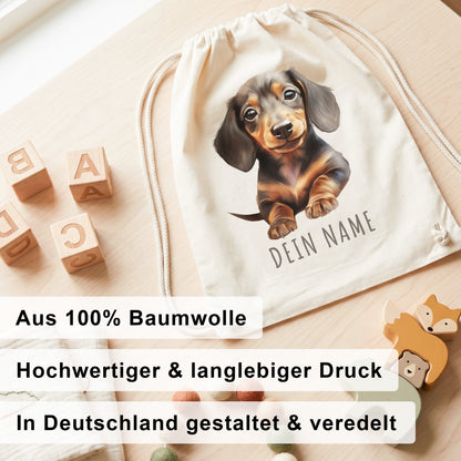 Dackel Turnbeutel Kinder personalisierter Sportbeutel für den Kindergarten Stoffbeutel mit Kordelzug