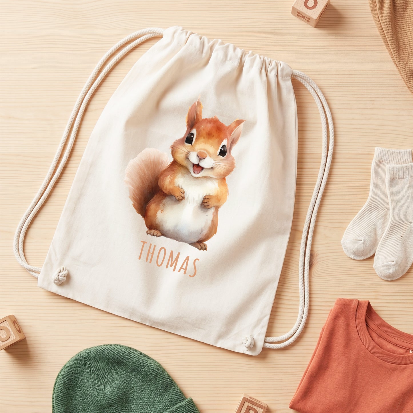 Eichhörnchen Turnbeutel Kinder personalisierter Sportbeutel für den Kindergarten Stoffbeutel mit Kordelzug