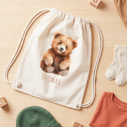 Bär Turnbeutel Kinder personalisierter Sportbeutel für den Kindergarten Stoffbeutel mit Kordelzug