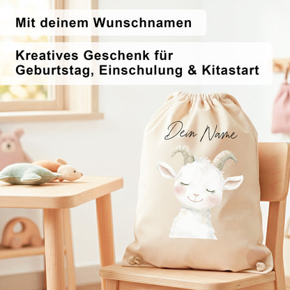 Ziege Turnbeutel Kinder personalisierter Sportbeutel für Kindergarten & Kita Stoffbeutel mit Kordelzug