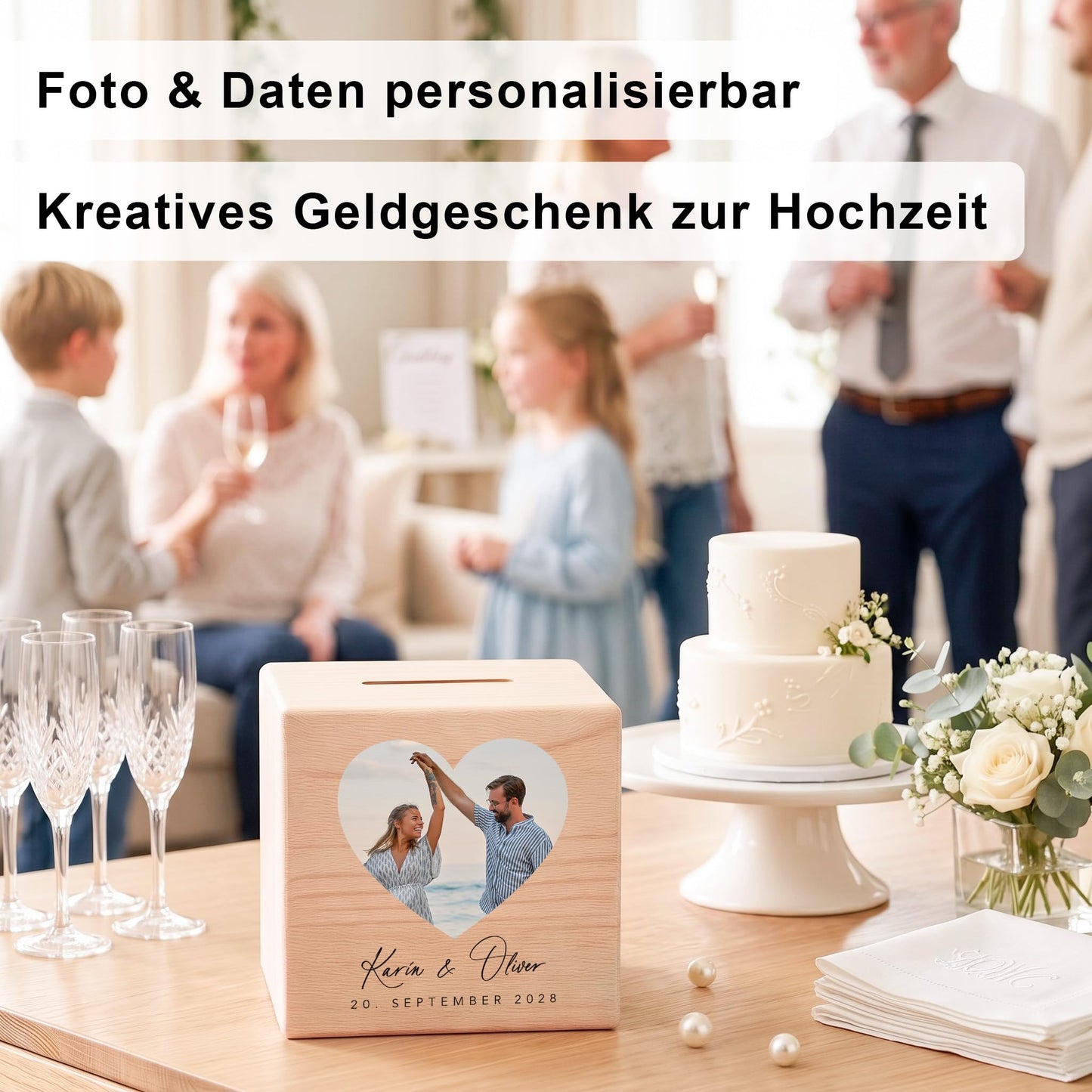 Hochzeitsgeschenk für Brautpaar Spardose aus Holz personalisierte als Geld Geschenk inkl. Schloss & Schlüssel