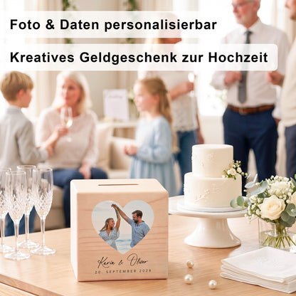 Hochzeitsgeschenk für Brautpaar Spardose aus Holz personalisierte als Geld Geschenk inkl. Schloss & Schlüssel