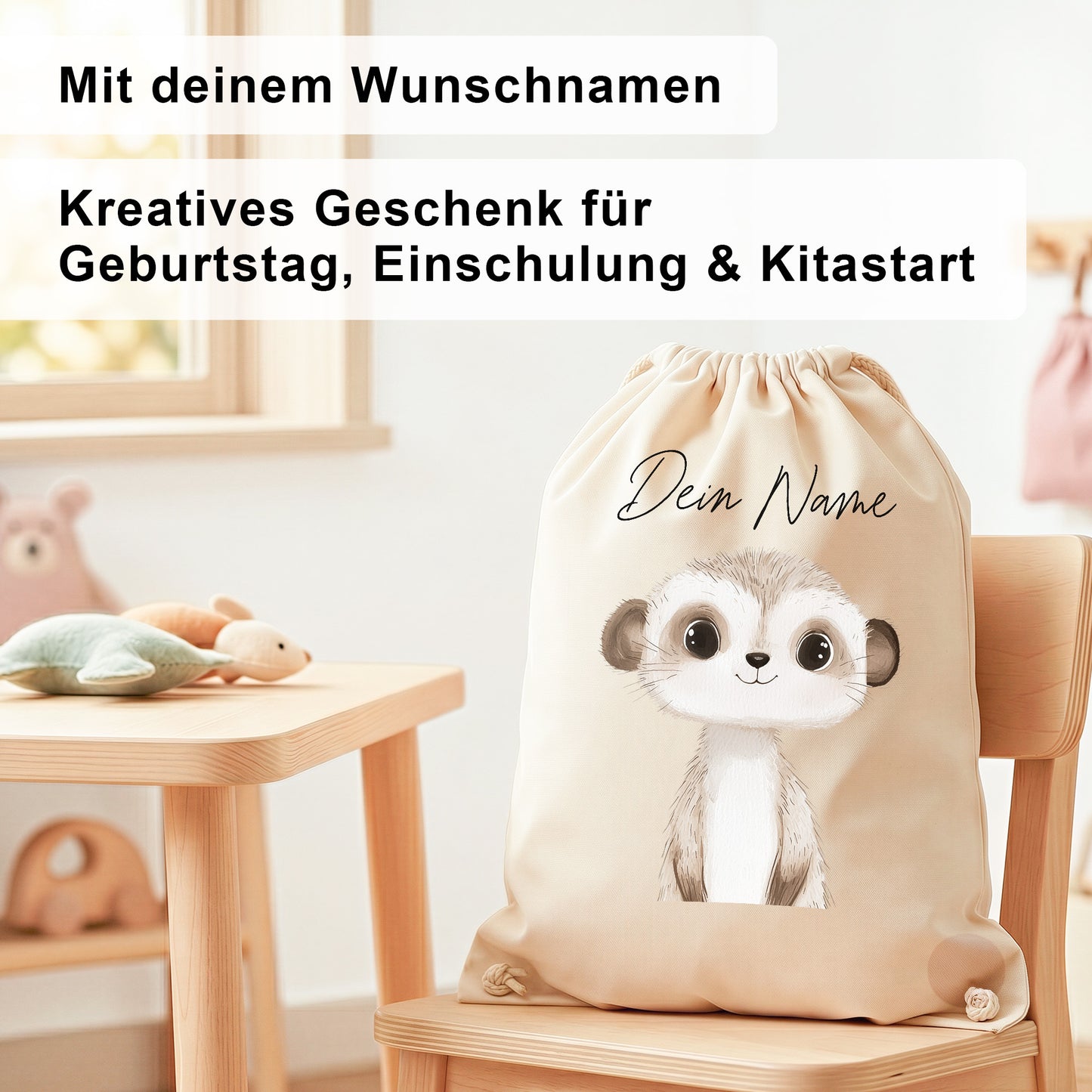 Erdmännchen Turnbeutel für Kinder personalisierter Sportbeutel für den Kindergarten Stoffbeutel mit Kordelzug