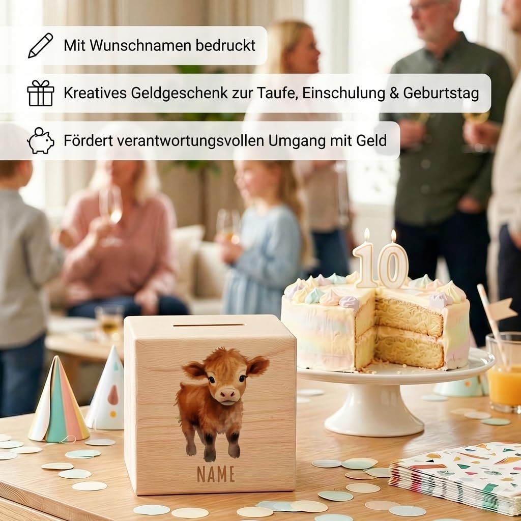Kuh Spardose für Kinder personalisiert Sparbox aus Holz Sparschwein mit Schlüssel Taufgeschenk für Jungen und Mädchen
