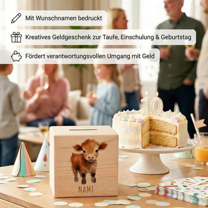Kuh Spardose für Kinder personalisiert Sparbox aus Holz Sparschwein mit Schlüssel Taufgeschenk für Jungen und Mädchen