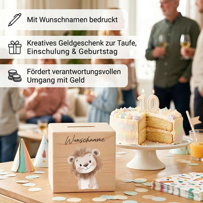 Spardose für Kinder Löwe personalisiert Safari Tiere Sparbox aus Holz Sparschwein mit Schlüssel Taufgeschenk für Jungen & Mädchen