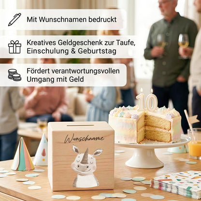 Spardose für Kinder Nashorn personalisiert Safari Tiere Sparbox aus Holz Sparschwein mit Schlüssel Taufgeschenk für Jungen & Mädchen