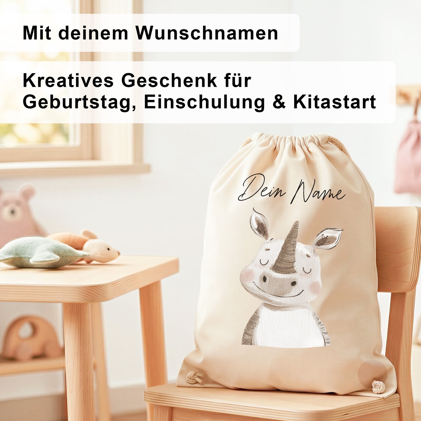 Nashorn Turnbeutel für Kinder personalisierter Sportbeutel für den Kindergarten Stoffbeutel mit Kordelzug