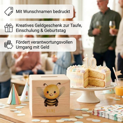 Biene Spardose für Kinder personalisiert Sparbox aus Holz Sparschwein mit Schlüssel Taufgeschenk für Jungen und Mädchen