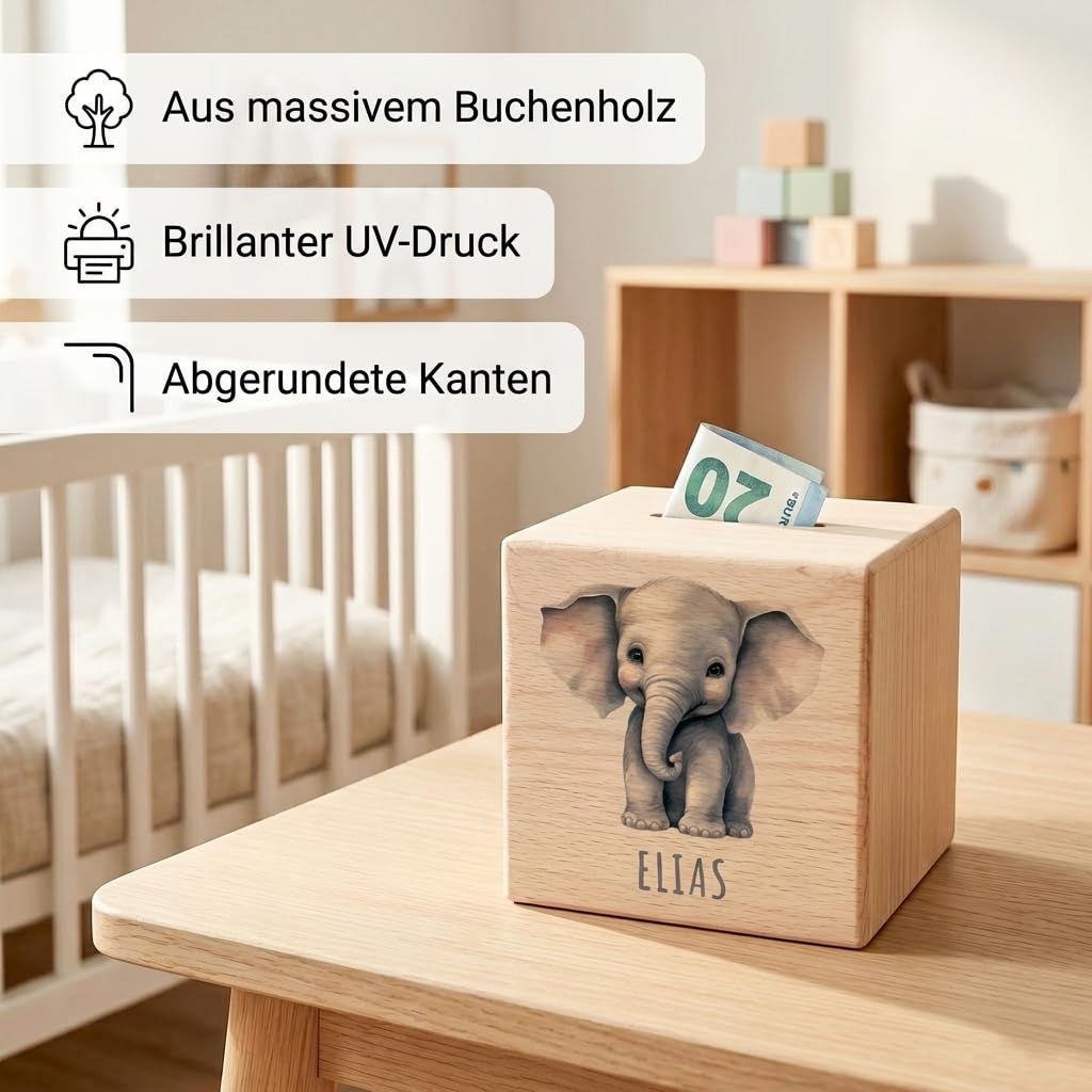 Elefant Spardose für Kinder personalisiert Sparbox aus Holz Sparschwein mit Schlüssel Taufgeschenk für Jungen und Mädchen