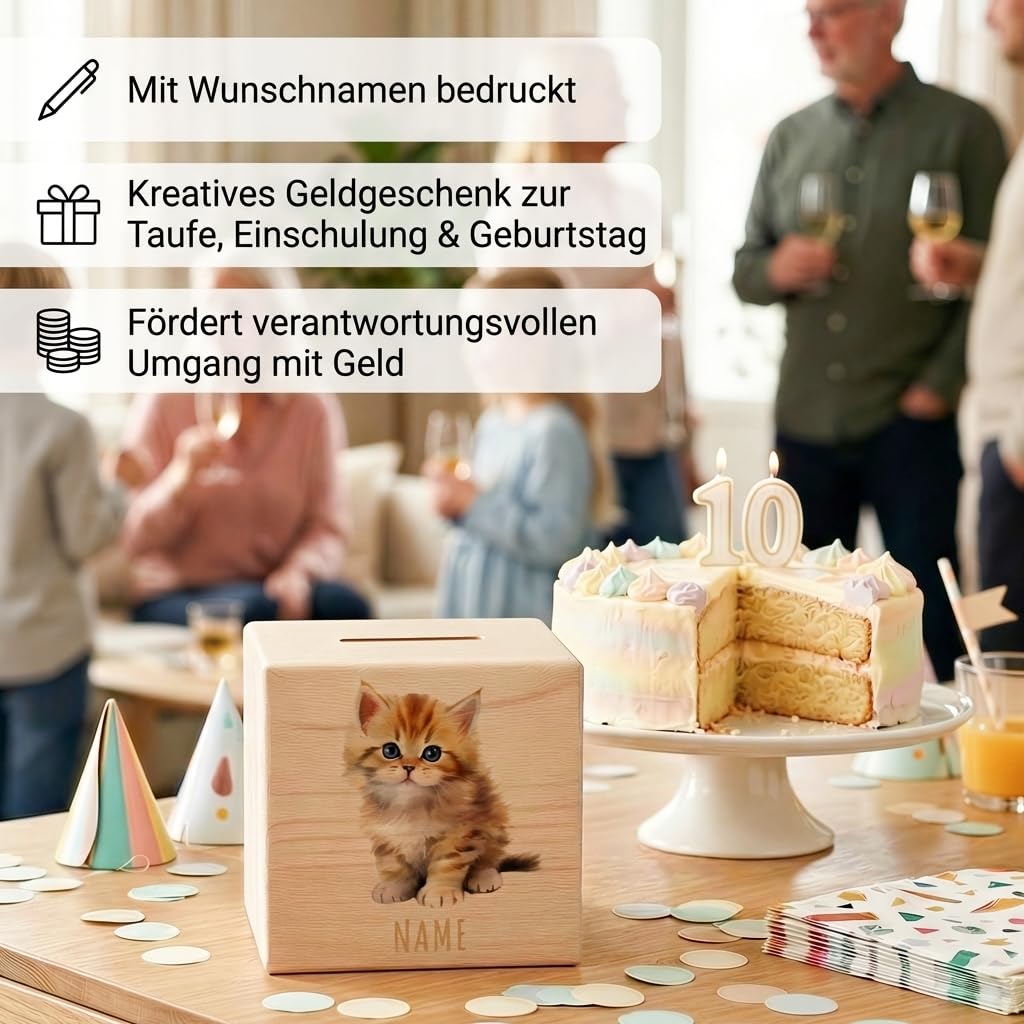 Katze Spardose für Kinder personalisiert Sparbox aus Holz Sparschwein mit Schlüssel Taufgeschenk für Jungen und Mädchen