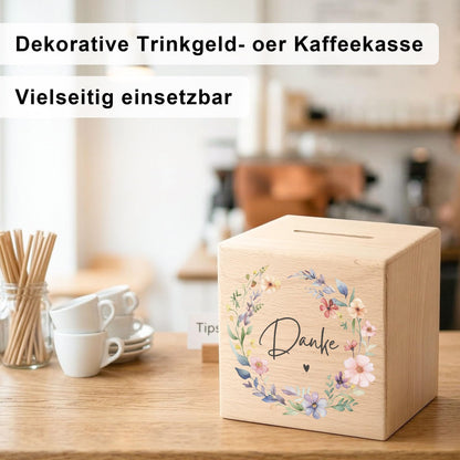 Danke Trinkgeldkasse mit Wildblumen Spardose aus Holz als Kaffeekasse