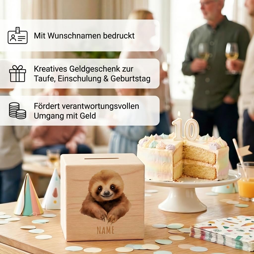 Faultier Spardose für Kinder personalisiert Sparbox aus Holz Sparschwein mit Schlüssel Taufgeschenk für Jungen und Mädchen