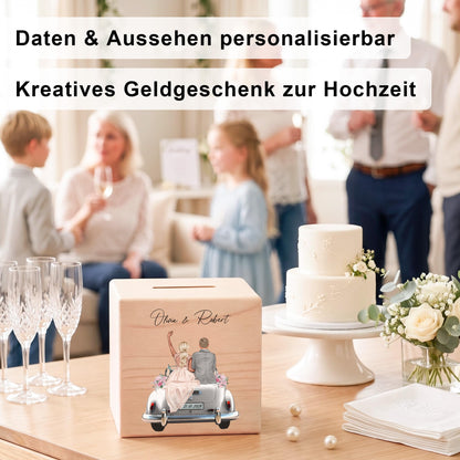 Hochzeitsgeschenk für Brautpaar personalisierte Spardose aus Holz als Geldgeschenk inkl. Schloss & Schlüssel