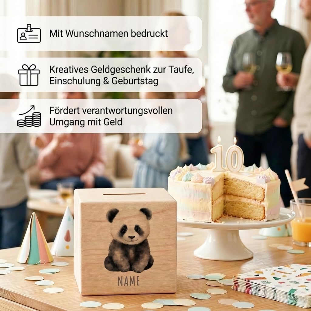 Panda Spardose für Kinder personalisiert Sparbox aus Holz Sparschwein mit Schlüssel Taufgeschenk für Jungen und Mädchen