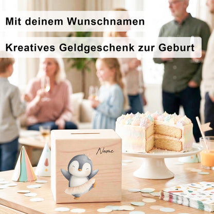 Spardose für Mädchen personalisierte Sparbox aus Holz mit Pinguin Geldgeschenk für Kinder