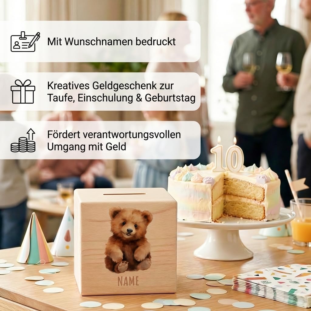 Bär Spardose für Kinder personalisiert Sparbox aus Holz Sparschwein mit Schlüssel Taufgeschenk für Jungen und Mädchen