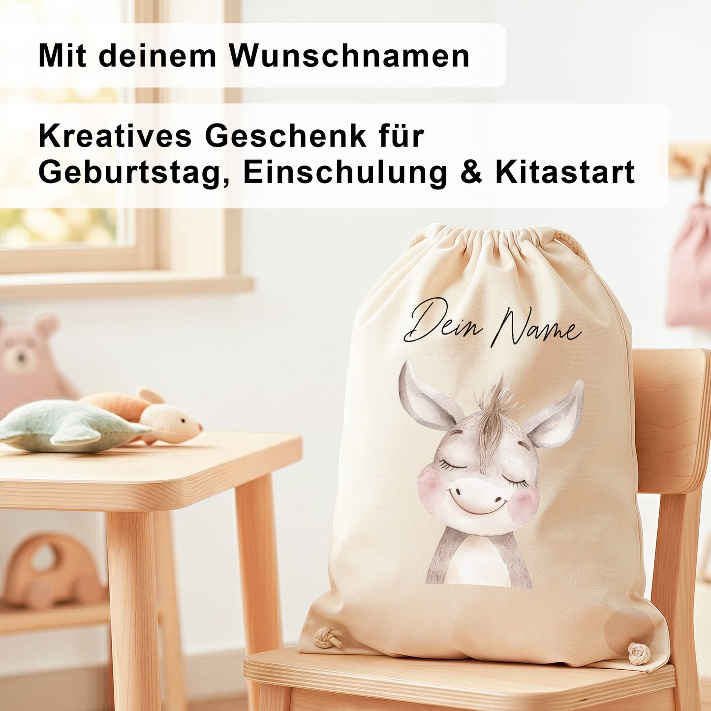 Esel Turnbeutel Kinder personalisierter Sportbeutel für Kindergarten & Kita Stoffbeutel mit Kordelzug