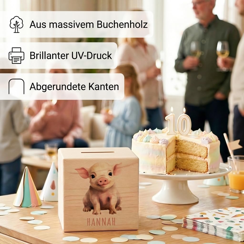 Schwein Spardose für Kinder personalisiert Sparbox aus Holz Sparschwein mit Schlüssel Taufgeschenk für Jungen und Mädchen