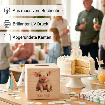 Schwein Spardose für Kinder personalisiert Sparbox aus Holz Sparschwein mit Schlüssel Taufgeschenk für Jungen und Mädchen