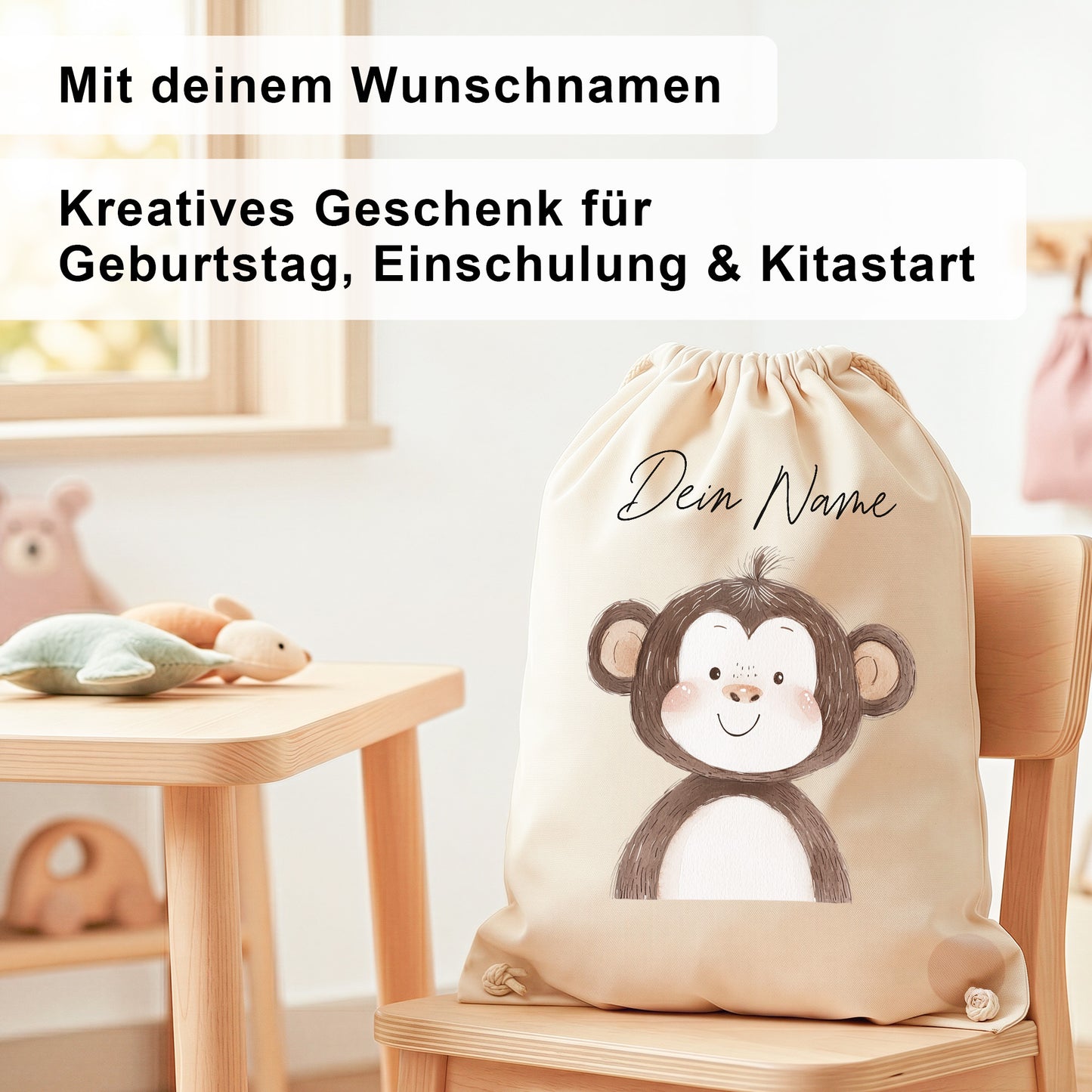 Affe Turnbeutel für Kinder personalisierter Sportbeutel für den Kindergarten Stoffbeutel mit Kordelzug