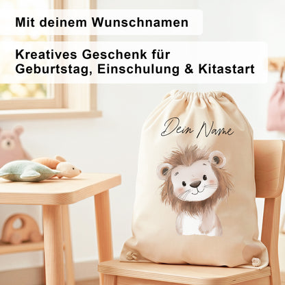 Löwe Turnbeutel für Kinder personalisierter Sportbeutel für den Kindergarten Stoffbeutel mit Kordelzug