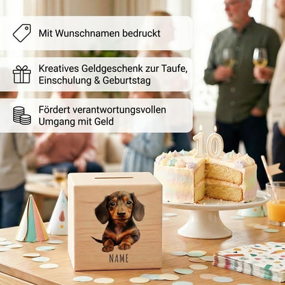Tier Spardose für Kinder personalisiert Sparbox aus Holz Sparschwein mit Schlüssel Taufgeschenk für Jungen und Mädchen (Dackel)
