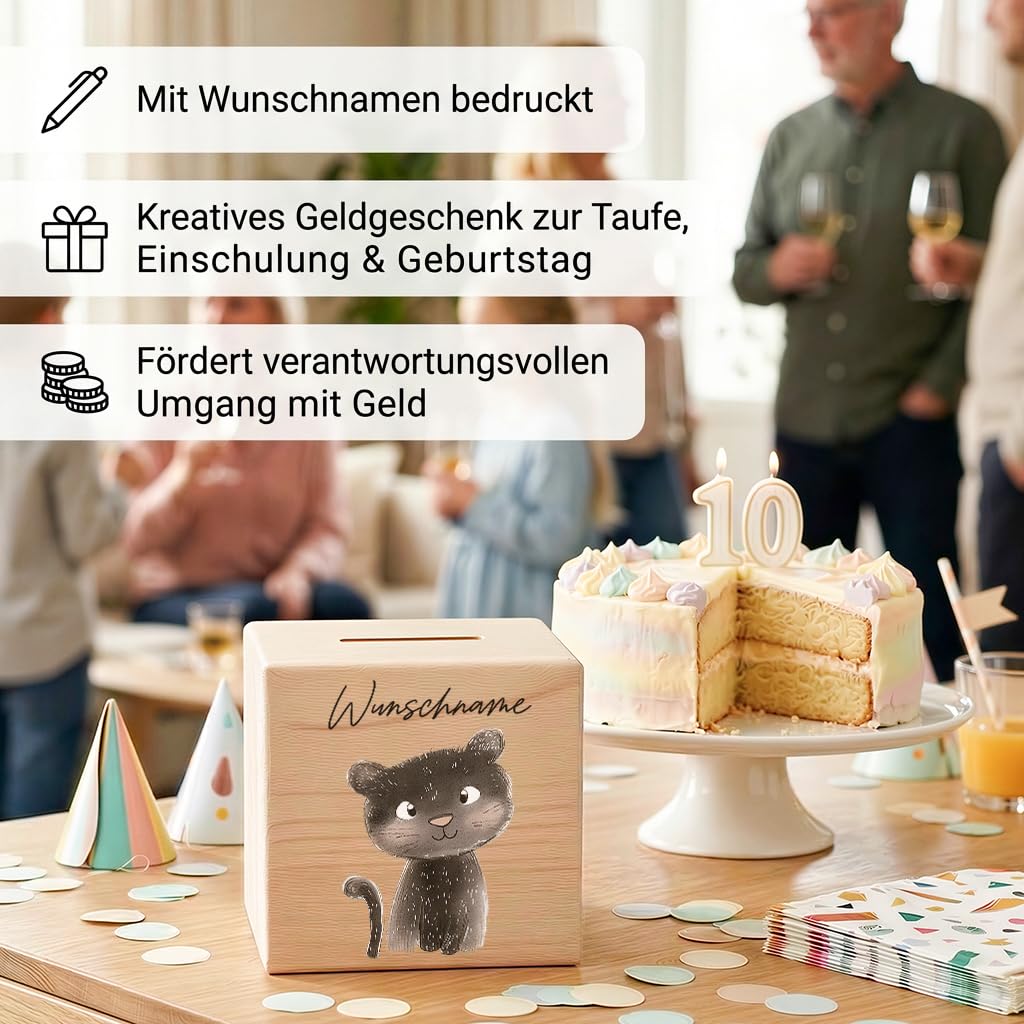 Spardose für Kinder Panter personalisiert Safari Tiere Sparbox aus Holz Sparschwein mit Schlüssel Taufgeschenk für Jungen & Mädchen