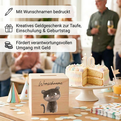 Spardose für Kinder Panter personalisiert Safari Tiere Sparbox aus Holz Sparschwein mit Schlüssel Taufgeschenk für Jungen & Mädchen