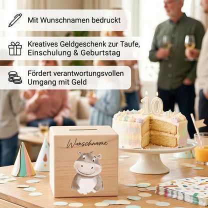 Spardose für Kinder Nilpferd personalisiert Safari Tiere Sparbox aus Holz Sparschwein mit Schlüssel Taufgeschenk für Jungen & Mädchen